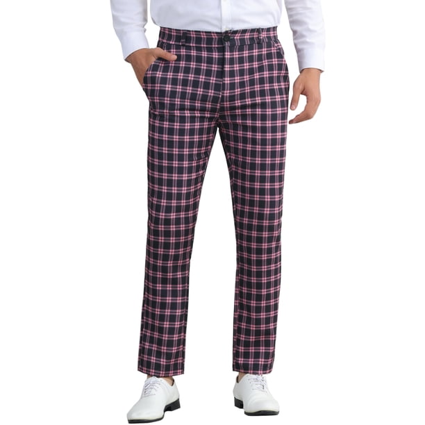 Pantalones de vestir de cuadros clásicos para hombres Inspire Chic, de cintura media, color rosa oscuro, talla 30