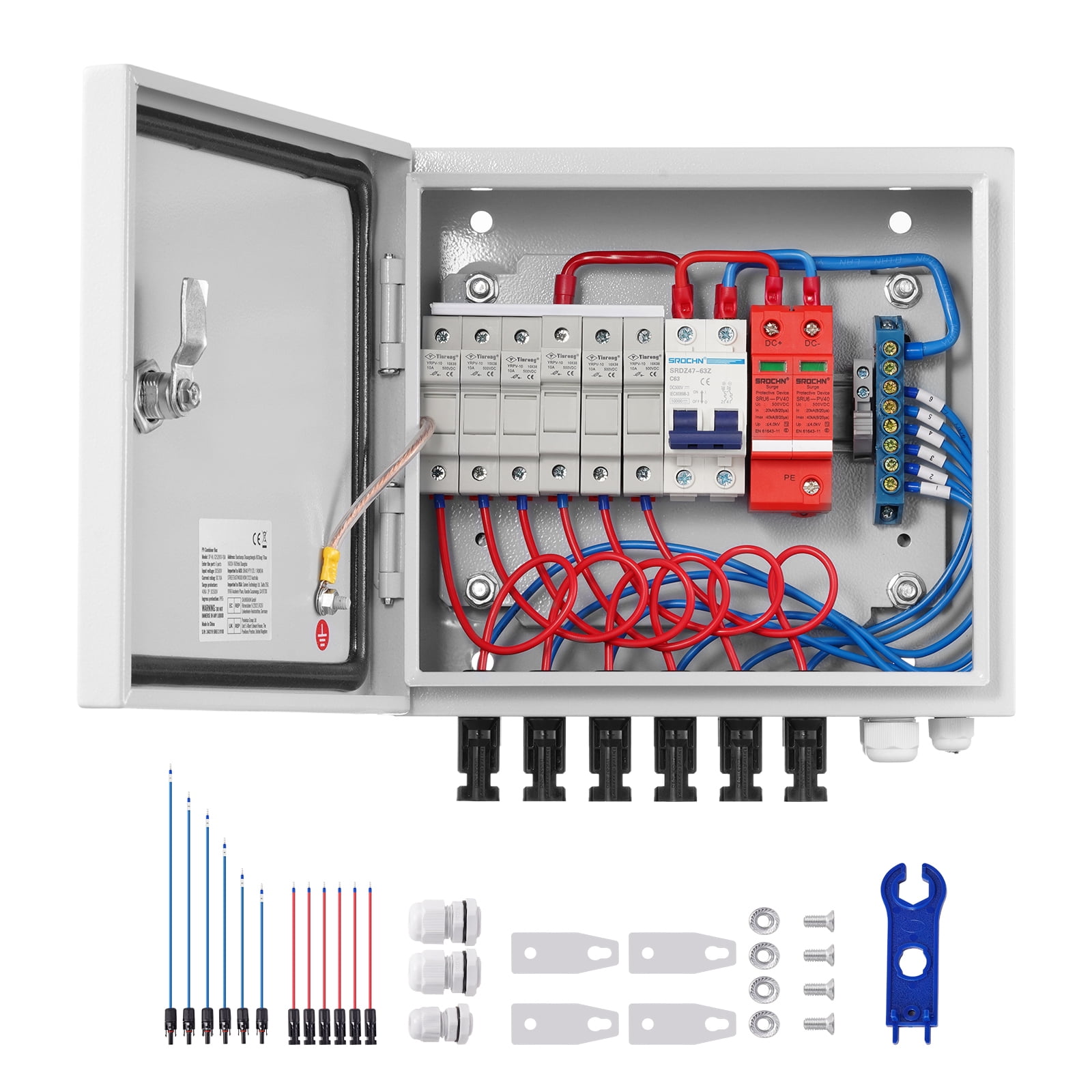 KFFKFF PV Aggregator Box, 6-String, Solar Aggregator Box with 10A Designated Current Fuse, 63A Circuit Interrupter, Lightning Protector and Solar Link, Metallic Housing