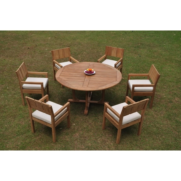 Grade-A Teak Dining Set: 6 Seater 7 Pc: 60" Round Table And 6 Veranda Arm Chairs Outdoor Patio WholesaleTeak #WMVRn
