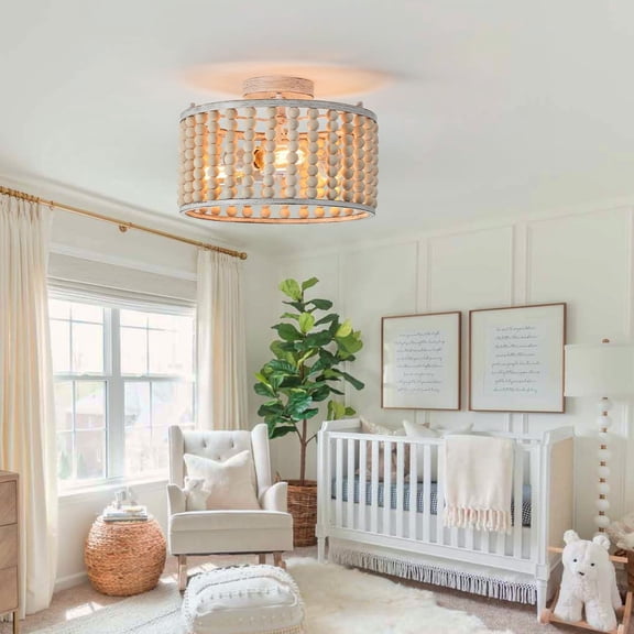 Wood Beaded Boho Chandelier Light Fixture, Semi Flush Mount Ceiling Light 3-Light Rustic Nursery Close to Ceiling Lights for Bedroom Kitchen, Living Room, Oak White, E26 Base