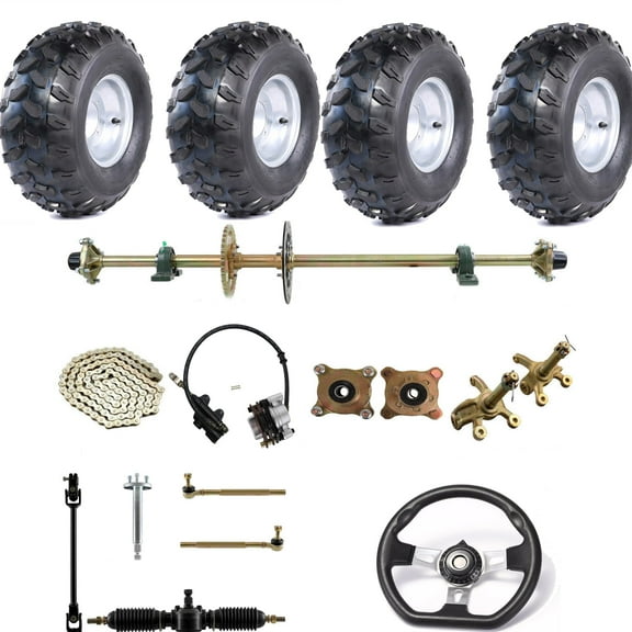 44" Go Kart DIY Rear Live Axle Kit Complete Axle Assembly Kit & Sprocket Hub Brake Caliper   Front Steering Wheel Gear Rack Pinion Shaft Spindle for ATV Quad Buggy (19x7-8 Wheels Tires)