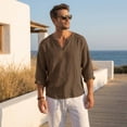thumbnail image 4 of Mens Linen Shirt Breathable Long Sleeve T Shirts Pullover V Neck Loose Summer Casual Top Lightweight Quick Dry Tees, 2XL, 4 of 5