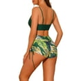 thumbnail image 3 of Conjuntos de bikini con tirantes para mujer, 2 piezas, estampado tropical, pantalones cortos de cintura alta, trajes de baño, talla X-Small, verde oscuro, 3 of 5