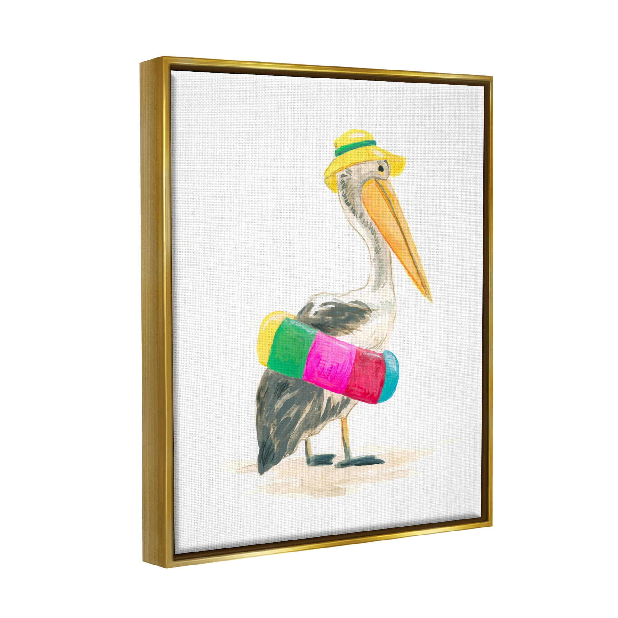 Stupell Industries Pelican & Beach Tube Animals & Insects Painting Gold Floater Framed Canvas Art Print Wall Art, 25 x 31