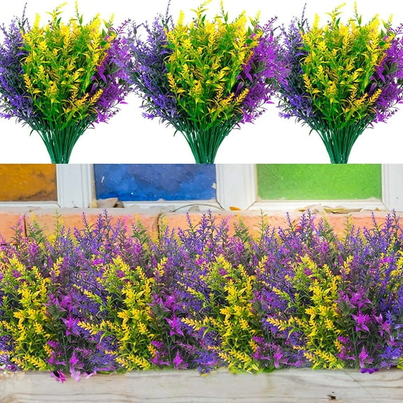 Morttic 12 Bundles Artificial Lavender Flowers Outdoor UV Resistant Fake Plastic Flowers Faux Plastic Shrubs for Indoor Outdoor Window Home Garden Decoration