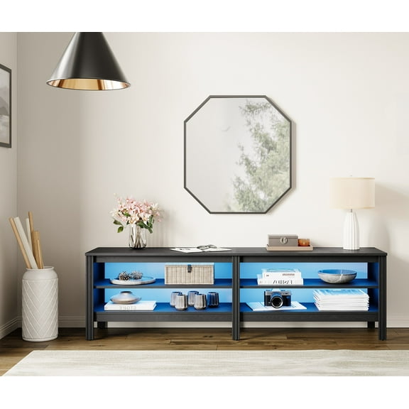 TV Stand for 75 inches Flat Screen, LED Wood Media Console Storage Cabinet Entertainment Center with 4 Open Shelves, 70 inches, Black