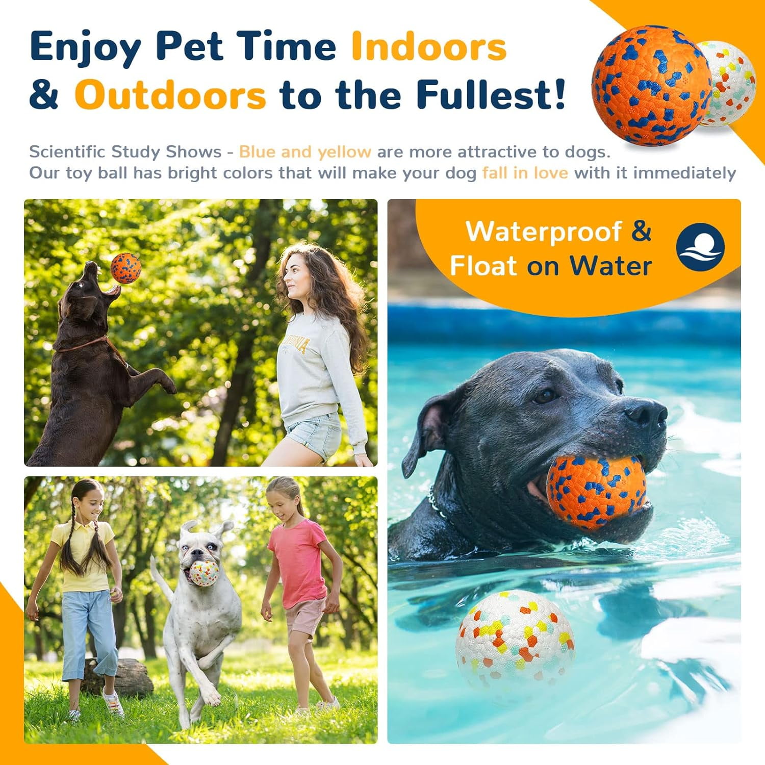 2 Pack Dog Balls Toys for Aggressive Chewers Indestructible Tennis Balls for Medium Large Dogs Water Toy Chew Ball Tough Durable Big Dog Toys Bouncing Ball for Dogs to Fetch, Orange+White