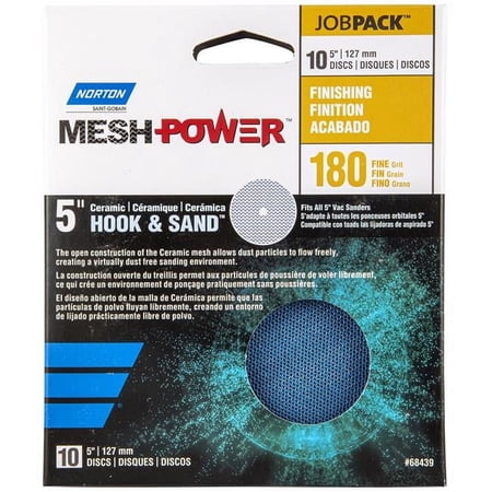 UPC: 0076607684394 | Norton 1024381 MeshPower 5 in. 180 Grit Fine Ceramic Hook & Loop Mesh Sanding Disc – Pack of 10