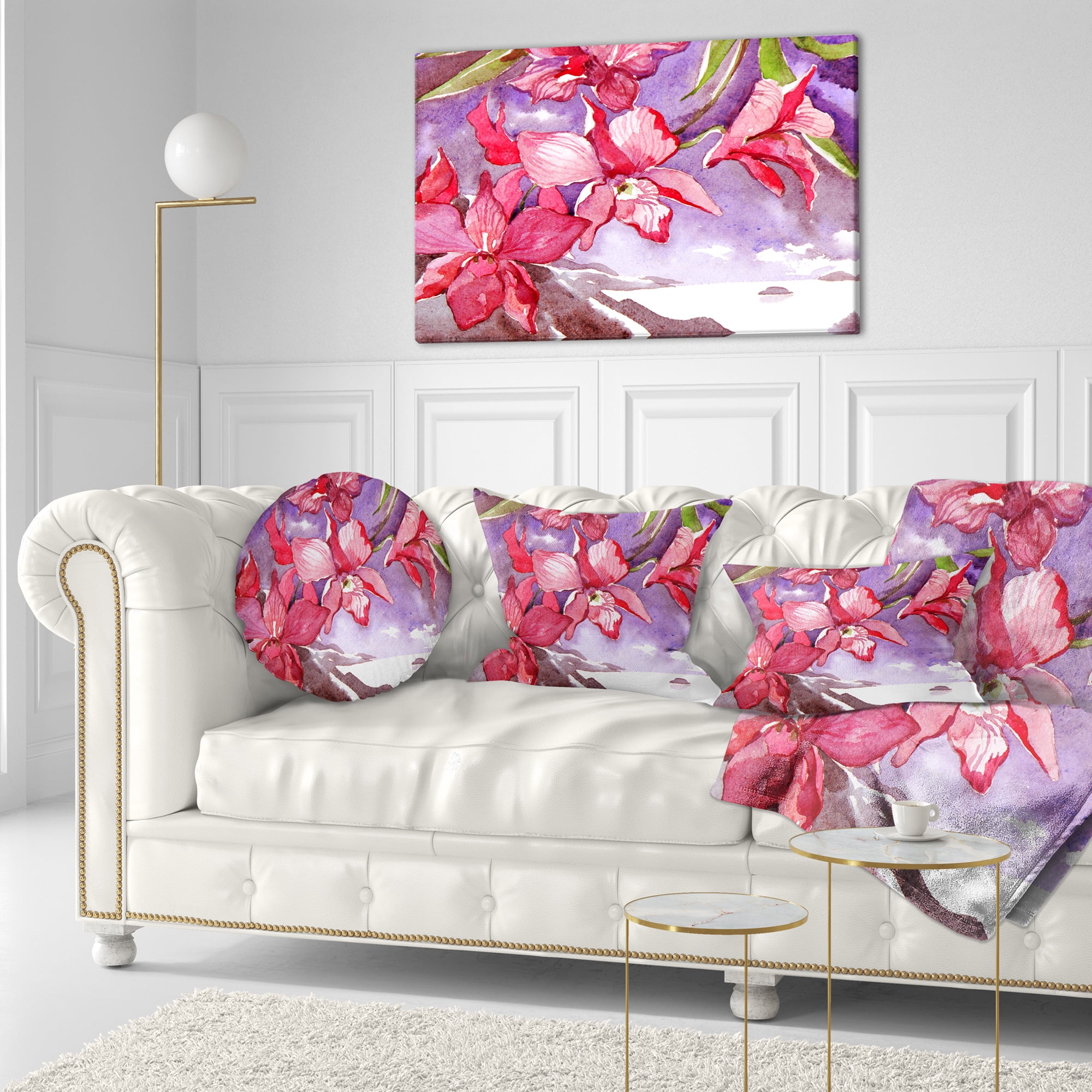Designart Red Orchid with Sea - Floral Throw Pillow - 12x20