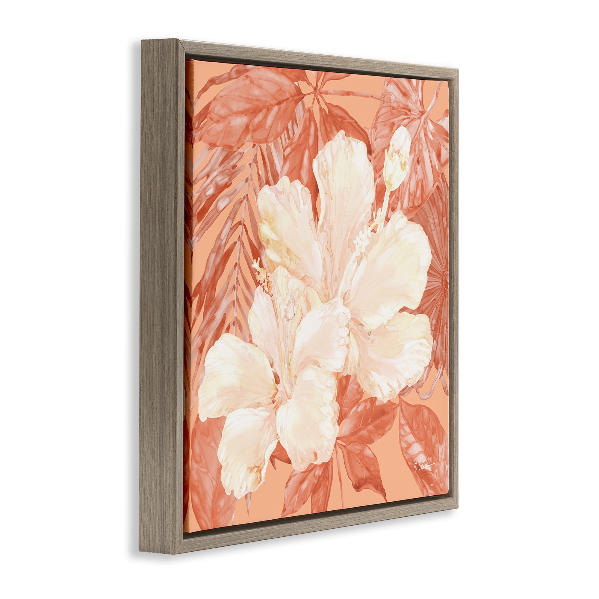 Stupell Industries Hibiscus Flower Bunches Plants & Flowers Painting Brown Floater Framed Canvas Art Print Wall Art, 18 x 18