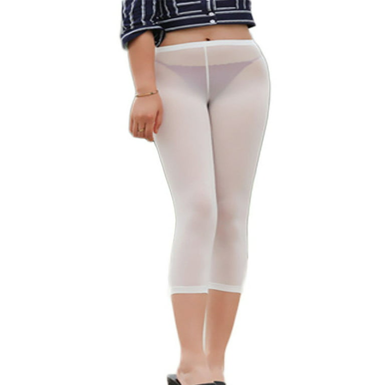 Women See Through Cropped Pants High Elastic Ice Silk Leggings