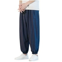 YLSDY Cropped Pants for Men Big & Tall Elastic Waist Drawstring Striped Harem Pant Yoga Beach Trousers Lightweight with Pocket Navy XL