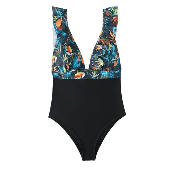 KOMOO One-piece Swimsuits Women Fashion Print Sleeveless Bikini Ruffle Backless Bathing Suits