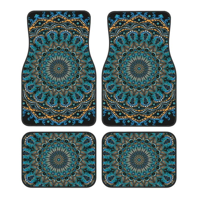 Lsque Mandala Print 4-Piece Floor Mats, Heavy-Duty Rubber Liners, Anti-Slip Design, All-Season Automotive Protection, Vehicles, Cars, Trucks, and SUVs
