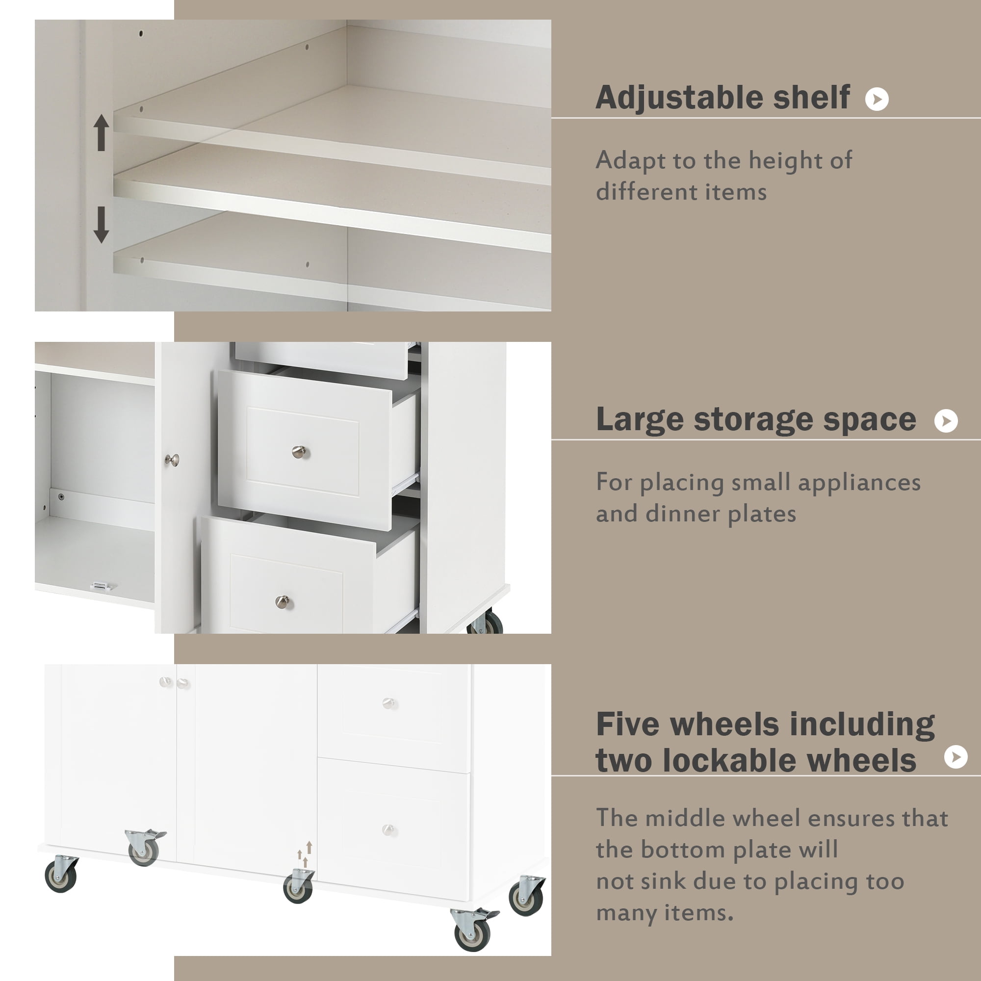 DEALTOPS Rolling Kitchen Islands with Storage Cabinets, White, 52.76 in
