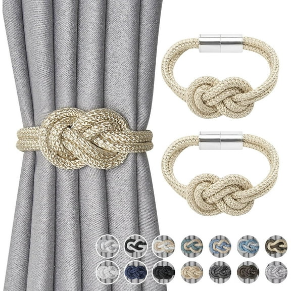 2 Pack Mini Magnetic Curtain Tiebacks Nordic Simple Style Drape Tie Backs Elegant Hand Weave Rope Knot Decorative Curtain Holdbacks for Home & Office Thin Window Drapery (Beige)