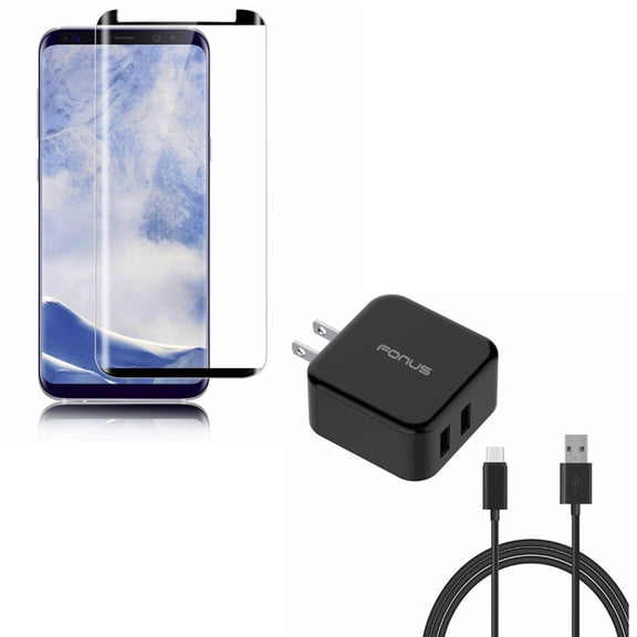 Compatible With Samsung Galaxy S9 - Matte Tempered Glass Screen Protector Anti-Glare w 30W 2-Port Adaptive Fast Home Quick Charger 6ft Type-C USB Cable