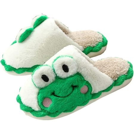 

DanceeMangoo Women Men Trendy Cozy Fluffy Faux Fur Frog Animal Print Indoor Home Slippers Funny Chic Warm Fleece Lining House Shoes Block Heel Open Heel