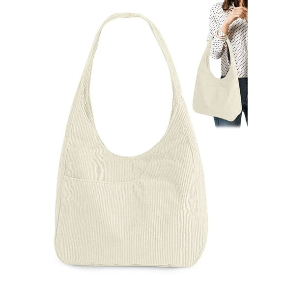 Gustave Corduroy Tote Bag for Women Casual Large Capacity Shoulder Bag Slouchy Hobo Handbag Underarm Bags College Travel Work Tote Purses - White