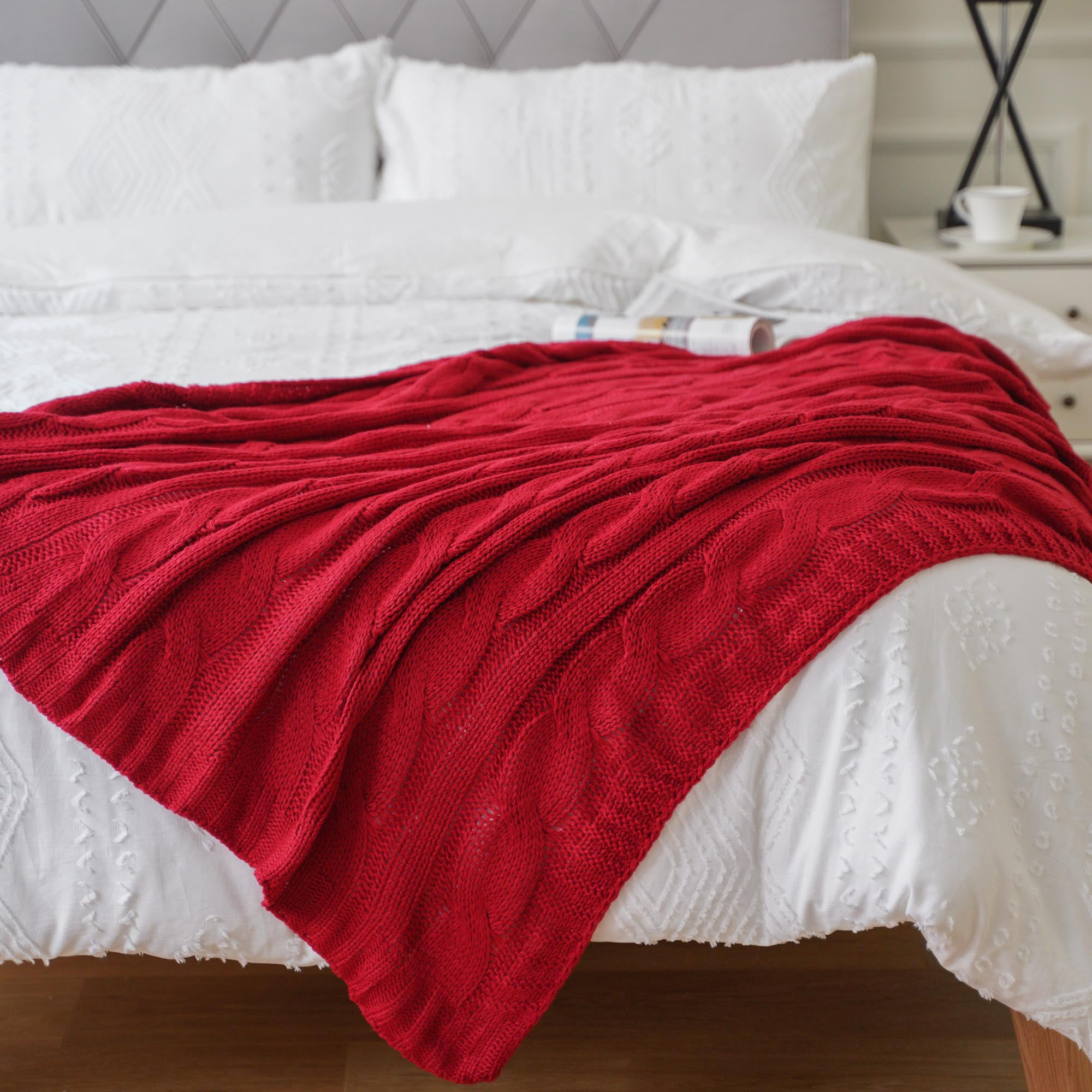 Burgundy Cable Knit Blanket for Sofa,Decorative Red Knitted Throw Blanket for Christmas Decor,50"x60"