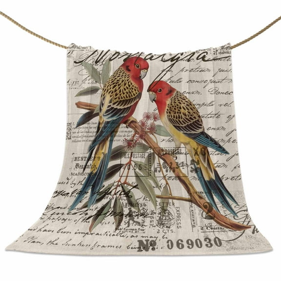 Flannel Fleece Blanket Parrot Tree Branch Flower Super Soft Warm Cozy Throw Blanket Vintage Postmark Bed Couch Car Blankets for All Season 40" x 50"