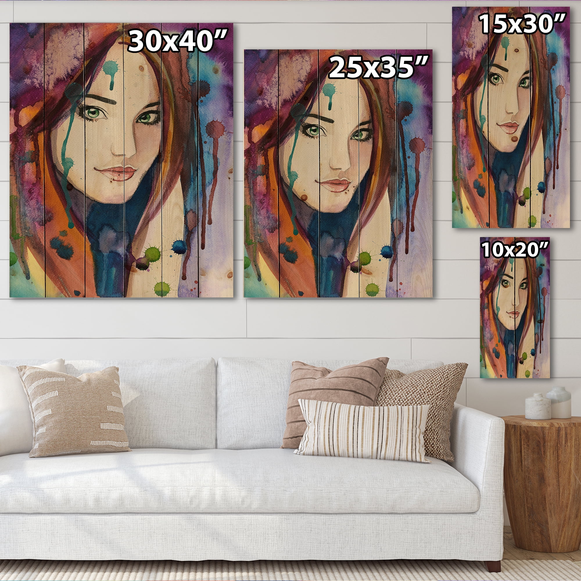 Designart 'Colorful Portrait Of Green Eyes Young Woman' Traditional Print on Natural Pine Wood