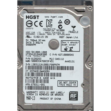 HTS541010A9E680, PN 0J26253, MLC DA5112, Hitachi 1TB SATA 2.5 Hard Drive