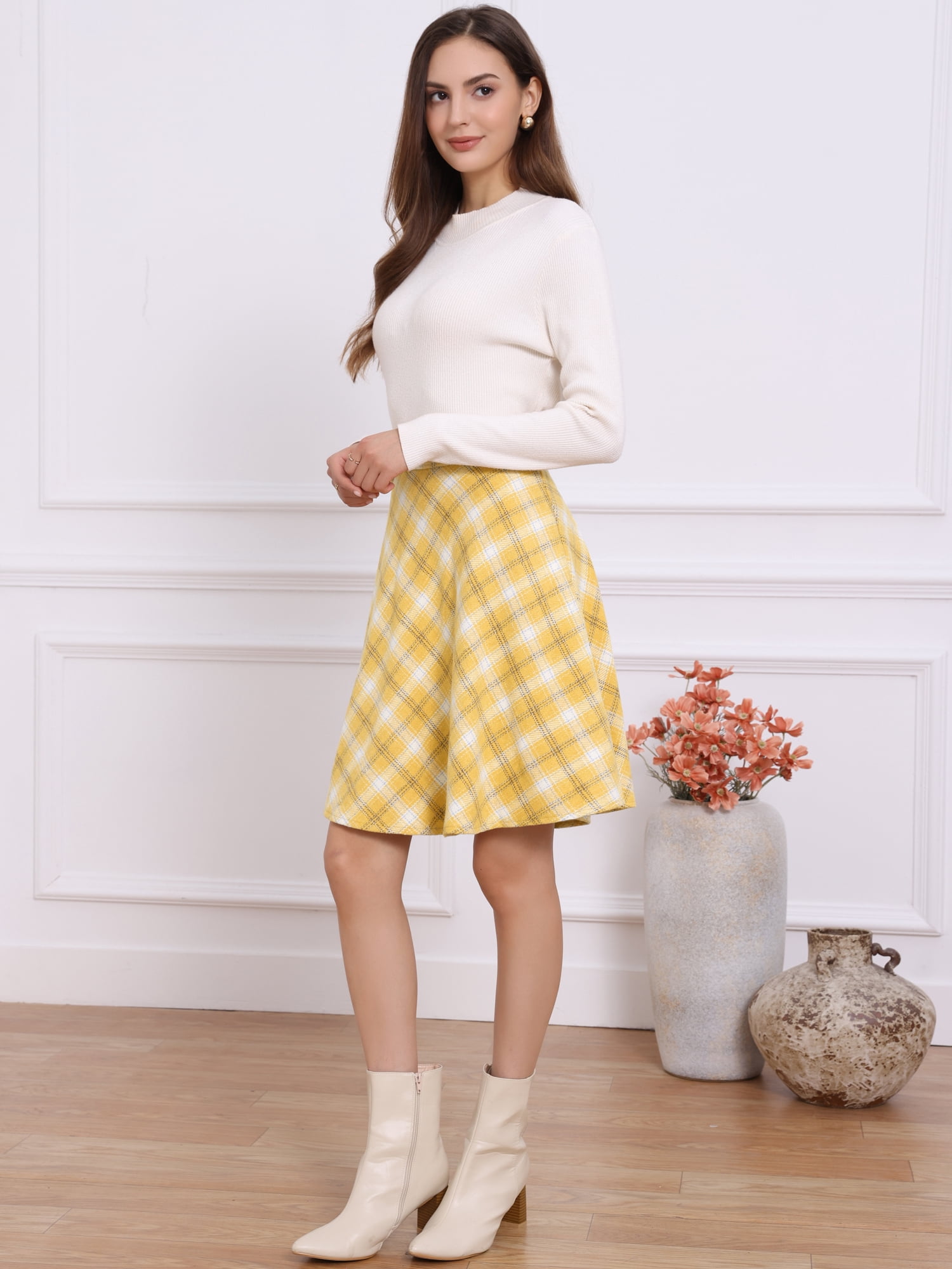 DARING DIVA Women's Plaid Tartan Elastic Waist Knee Length A-Line Skirt XL Yellow