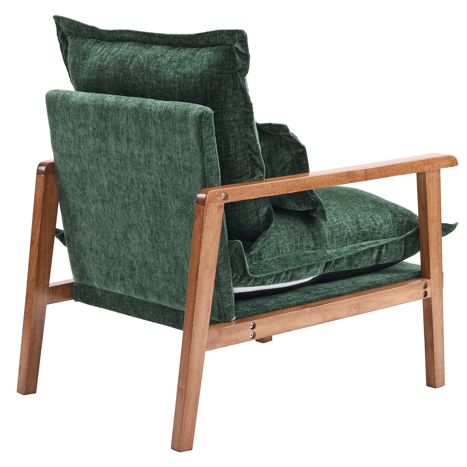 Cloud Shaped Dark Green Chenille Accent Chair, Solid Wood Frame with Walnut Armrest, Ergonomic Single Leisure Sofa Chair with Lumbar Pillow for Bedroom Living Room Office