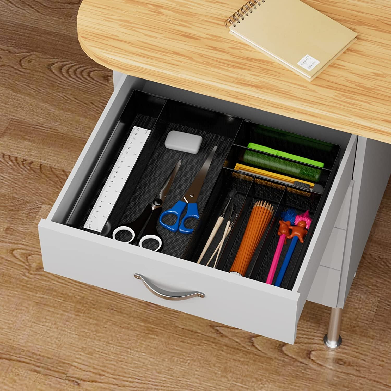 Utensil Drawer Organizer - Expandable Cutlery Tray, Silverware/Flatware Storage Divider for Kitchen, Mesh Designing with Non-slip Rubber Feet (black)