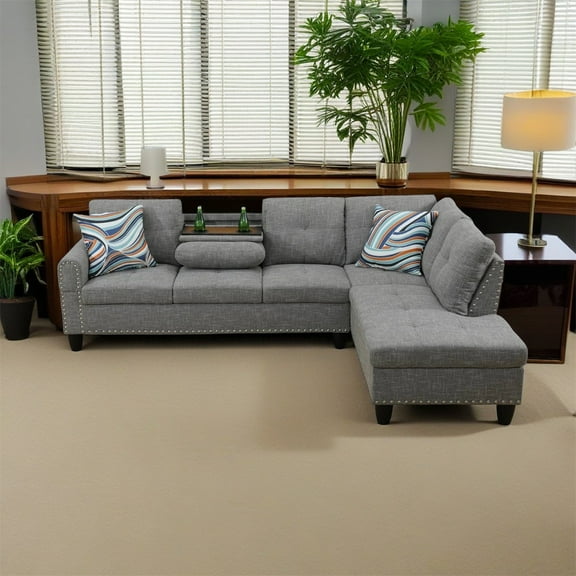 Hommoo Sofa Set,Linen 2-Piece Sofa Set,L-Shaped Sectional Couch Set with Left Armrest for Living Room，Brown Grey（No Ottoman）