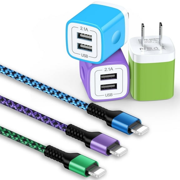 Compatible for iPhone Charger, Bioonis 3 Pack Dual Port Charger Block with Charging Cable 6FT, Wall Charger Adapter USB Brick Cube Box Charging Station Power Adapter Compatiable for iPhone, Mixed