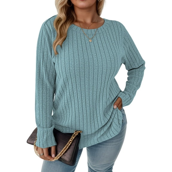 NISVIYA Womens Plus Size Tops Comfy Long Sleeve Elegant Loose Fit Crewneck Trendy Color Block Pullover Shirts