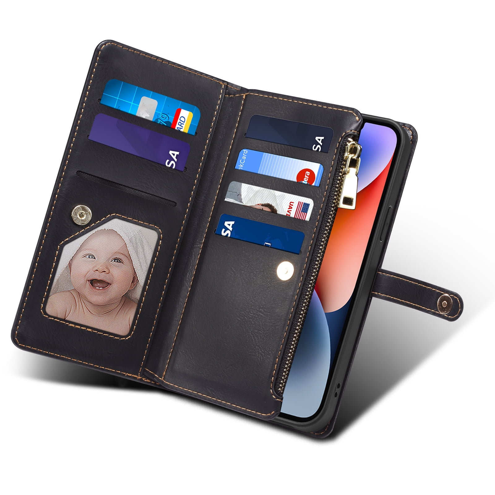 Dteck Wallet Case for iPhone 13 6.1 Inch, Leaf Pattern Luxury PU Leather RFID Blocking Card Slots Holder Zipper Pocket Flip Case with Kickstand Magnetic Crossbody Strap Phone Cover,Black