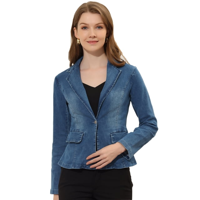 INSPIRE CHIC Chaqueta de mezclilla lavada de manga larga con botones y solapa con muesca para mujer Azules L