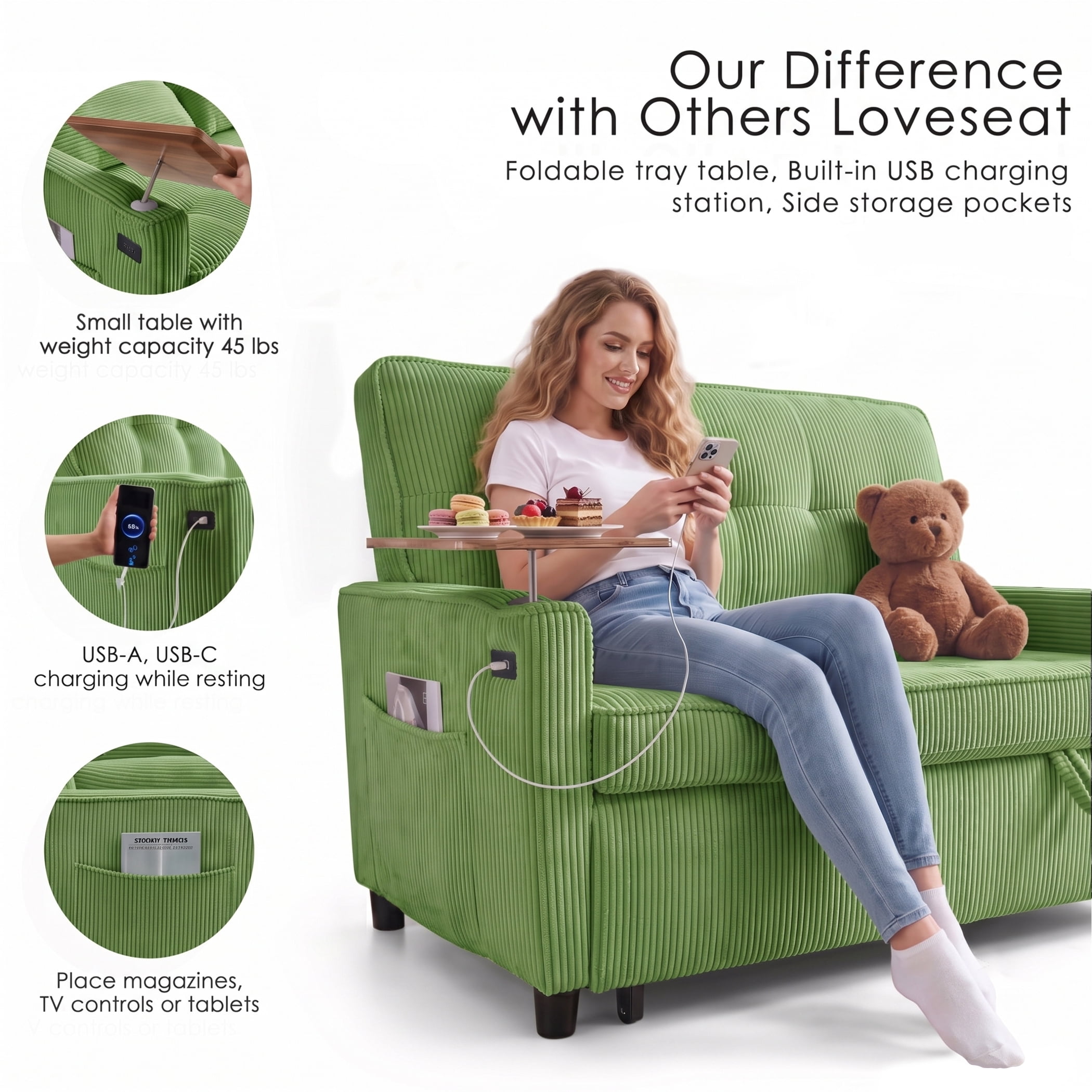 AISWORD 55" 3-in-1 Convertible Sleeper Sofa Bed, Pull Out Loveseat Couch with Side Tray Table & USB Charging Port, Adjustable Backrest Sofa for Apartment, Bedroom, Office, Green