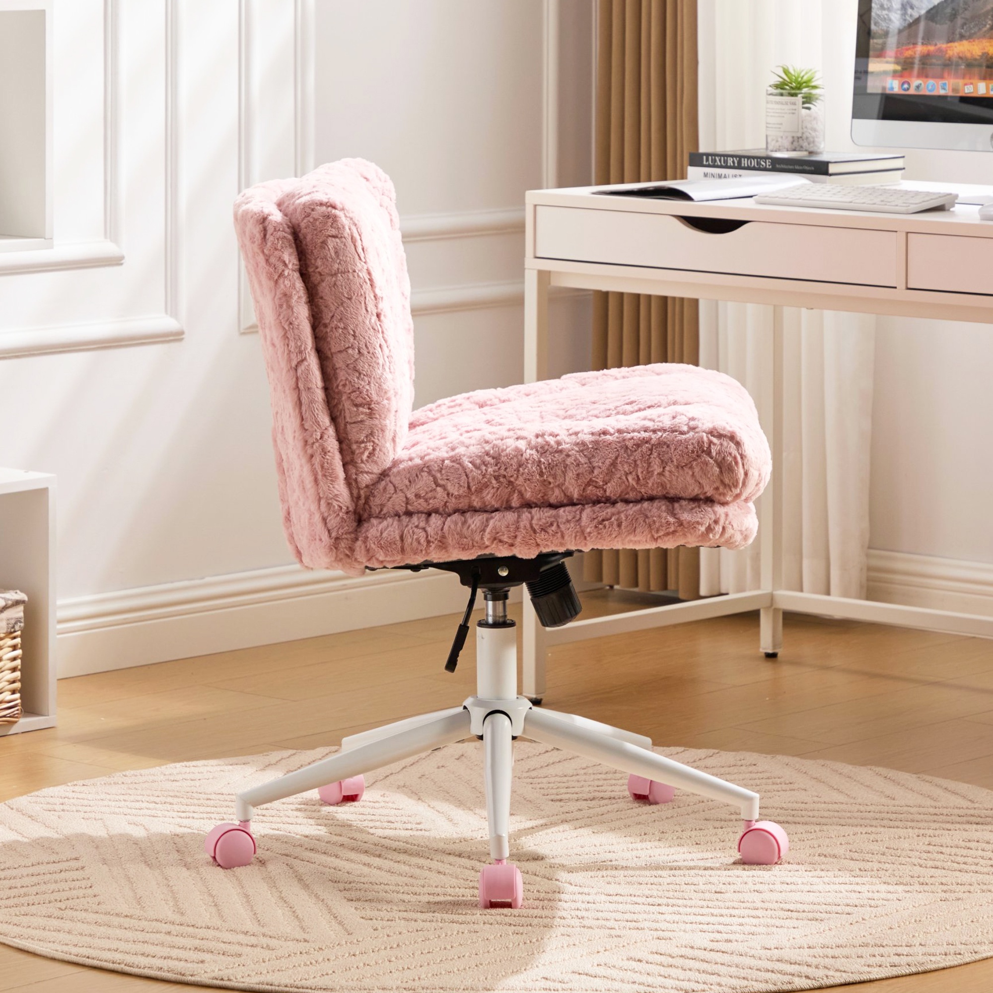 PORKISS Vanity Chair Makeup Chair, Home Office Chair, Ergonomic Desk Chair with Soft Faux Alpaca, Adjustable Swivel Task Computer Chair with Wheels, Pink