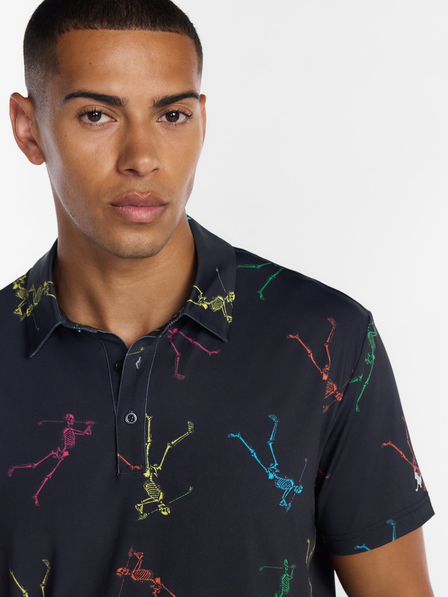 Birdie Bound Halloween Spooky Skeleton Print Golf Polo Shirt, Men's Sizes S-4XLT