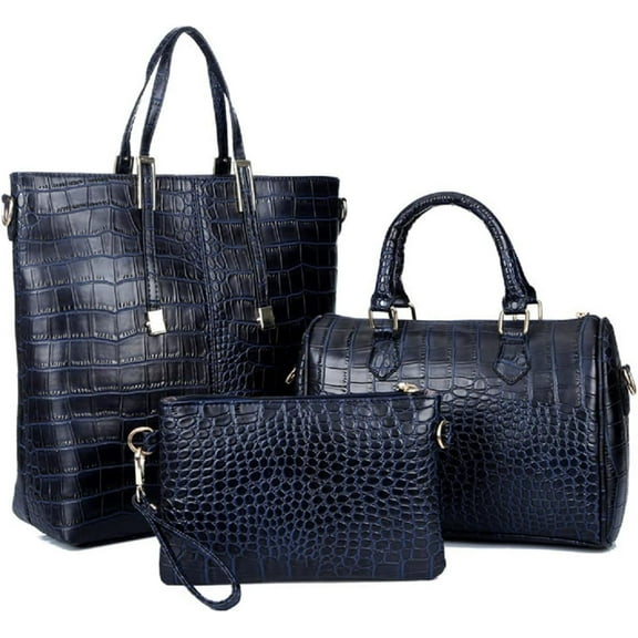 3-PC Women PU Handbag Shoulder Bag Clutch Crocodile Pattern Top Handle Fashion Satchel Tote Purse