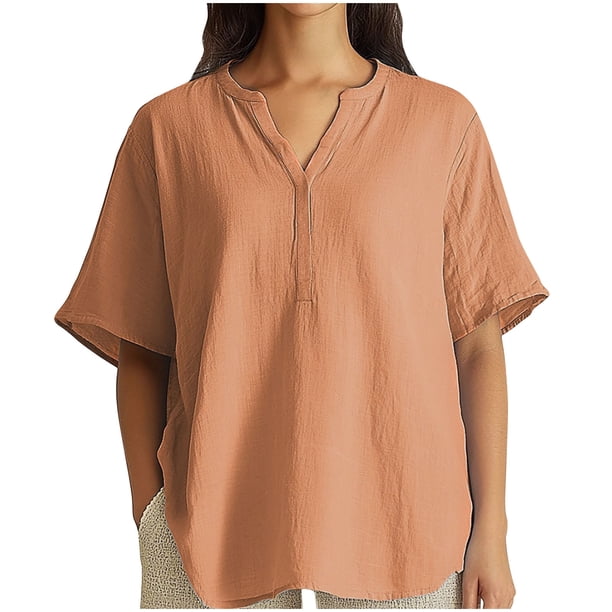 Vestidos Casuales Para Mujer, Blusas De Mujer De Moda Suéter informal de lino para mujer, de manga corta, con cuello en V y cuello alto, multicolor