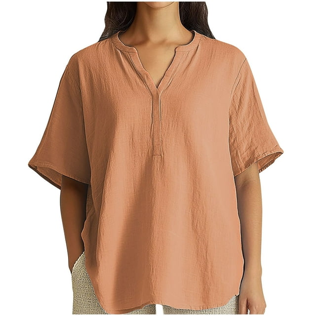 QTOCIO Haut pour Femmes, Hauts Grande Taille pour Femmes, Nouveau Tube de Porte Décontracté en Coton et Lin à Manches Courtes Col en V Chandail Régulier Multicolore