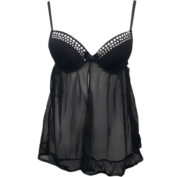 Womens Black Silver Stud Babydoll Chemise Nightie Nightgown Lingerie Teddy Med