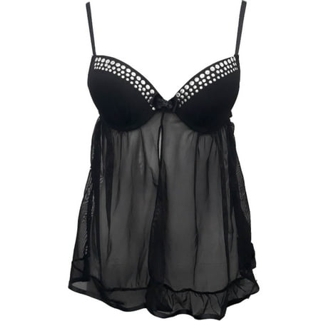 Womens Black Silver Stud Babydoll Chemise Nightie Nightgown Lingerie Teddy Med