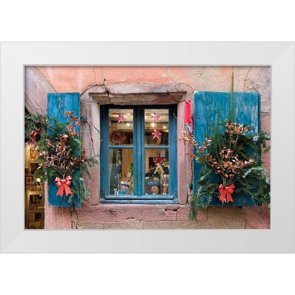 McRoberts, Julien 14x11 White Modern Wood Framed Museum Art Print Titled - Riquewihr-France Village established 1400s in Alsace Region Window decorated Christmas ornaments