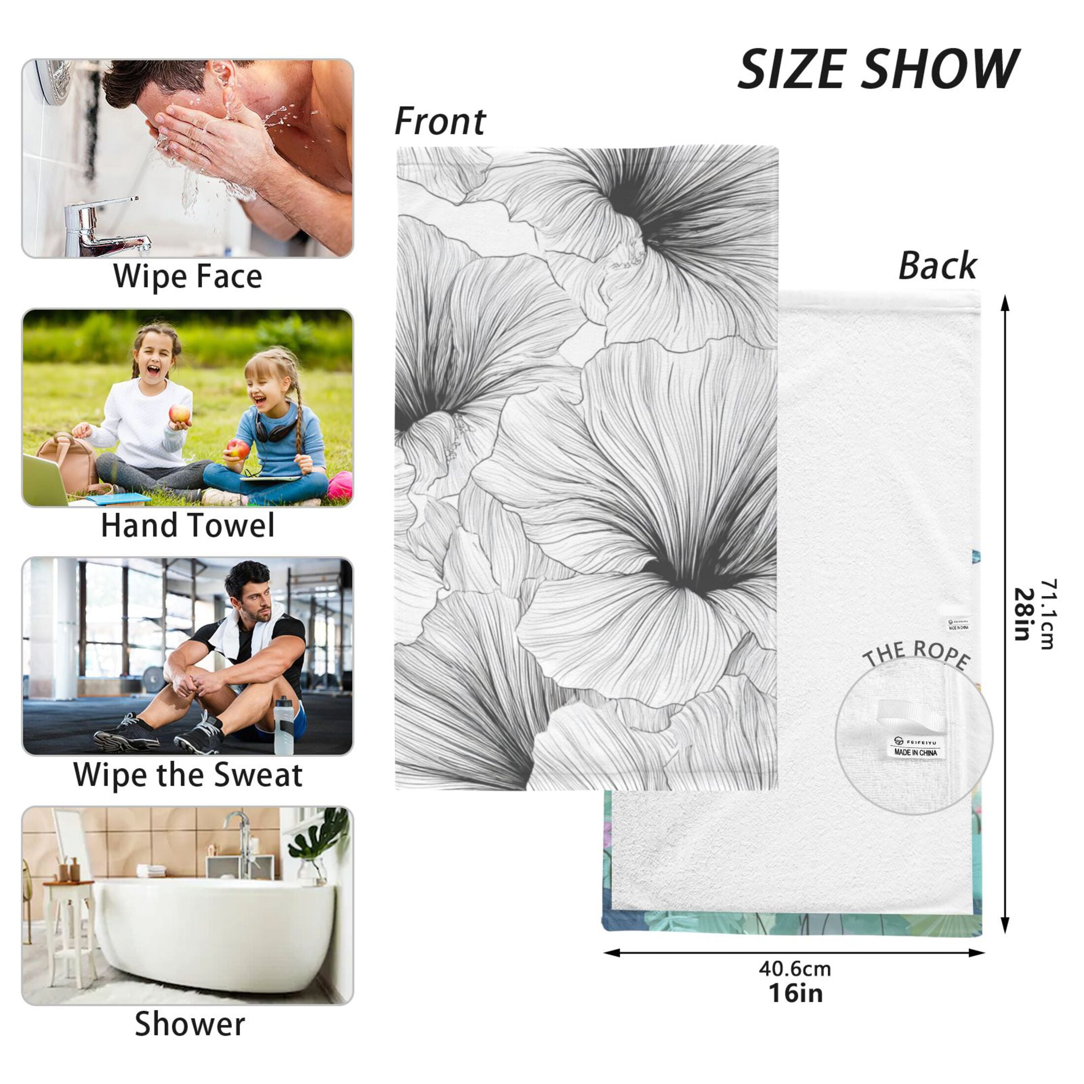 2-Pack Soft 100% Cotton & Highly Absorbent Bath Towel 2 Defferent Pattern Designs Colorful Flowers and Butterflies Black and White Line Art