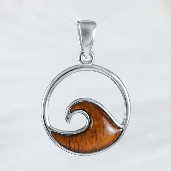 Unique Hawaiian Genuine Koa Wood Ocean Wave Necklace, Sterling Silver Wave Pendant, N9140 Birthday Mom Wife Valentine Gift