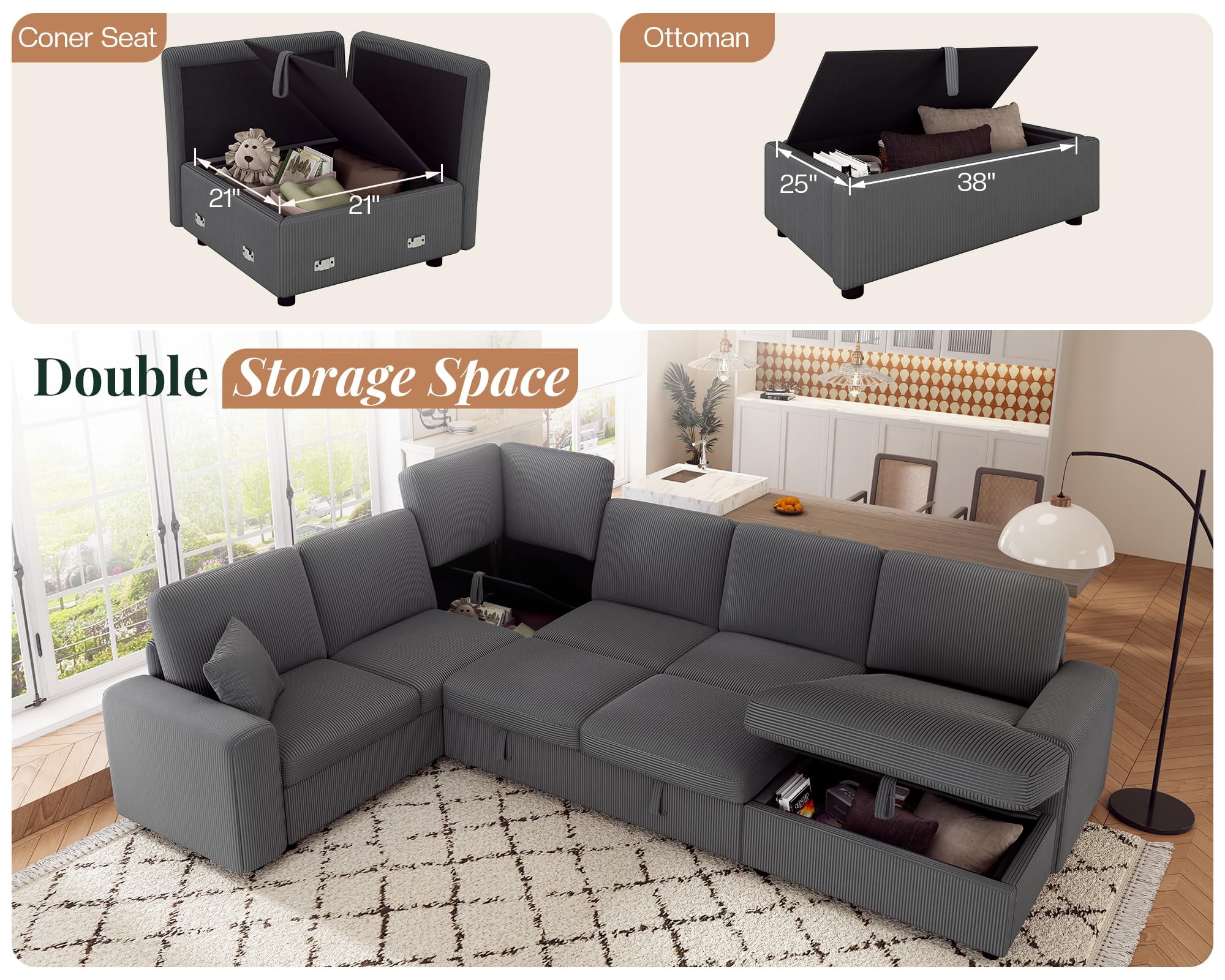 VanAcc 130" Sofa Bed, Sleeper Sofa, Pull Out Sleeper Couch with Storage, Convertible 6-Seater for Living Room, Corduroy Grey