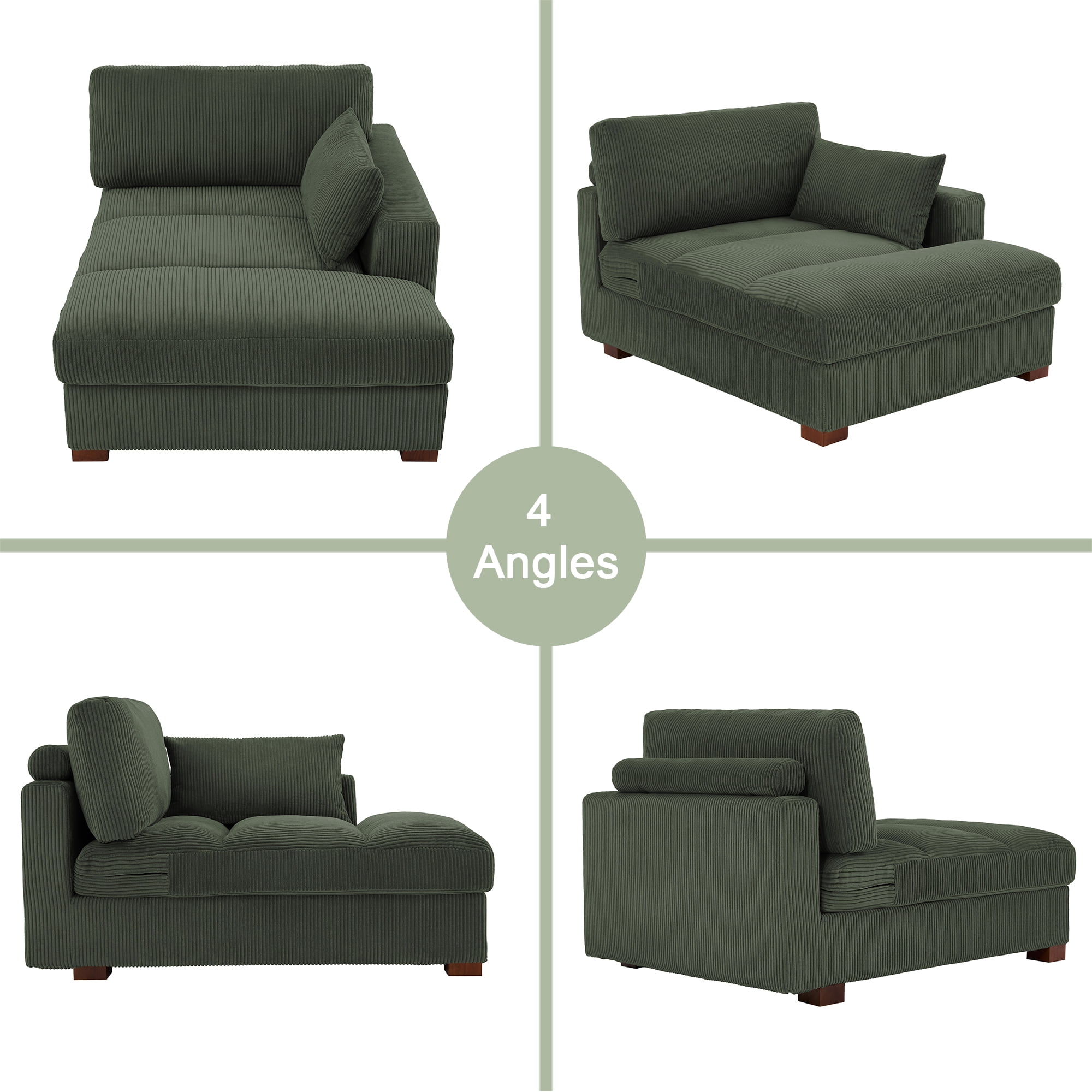 UIXE Chaise Lounge Indoor Upholstered Corduroy Sofa with Left Armrest for Living Room Bedroom, Green