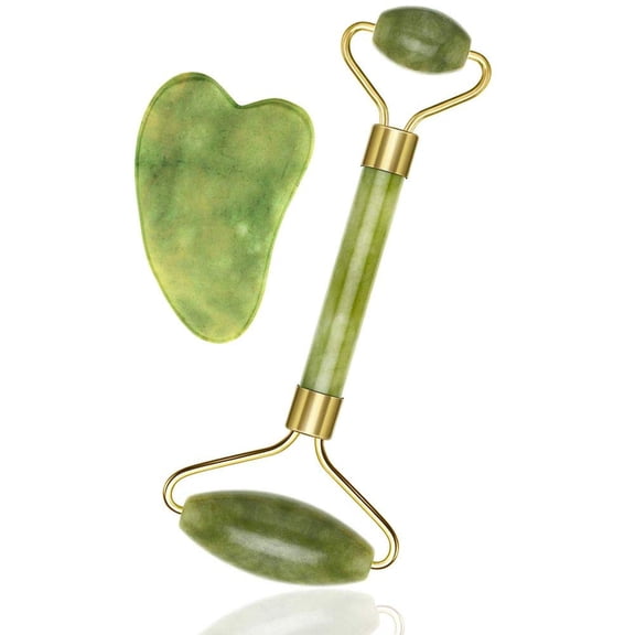 Natural Jade Roller & Gua Sha Set for Face and Body Massage, Anti-Aging, Puffiness & Dark Circles Reduction