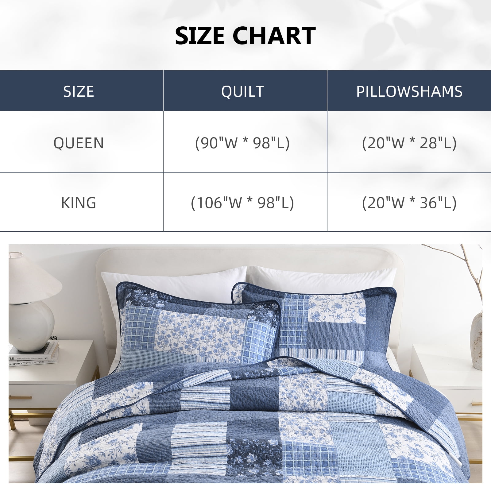 PANGUSHAN 100% Cotton Quilt King Size, King Quilt Bedding Set Quilted Bedspreads, Lightweight Reversible Plaid Comforter for King Bed, All Season, Blue, 3 Pieces